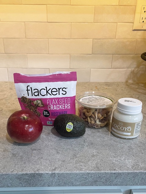 Flackers Flax Seed Crackers, Apple, Alvacado, Nuts and Cocoyo Yogurt